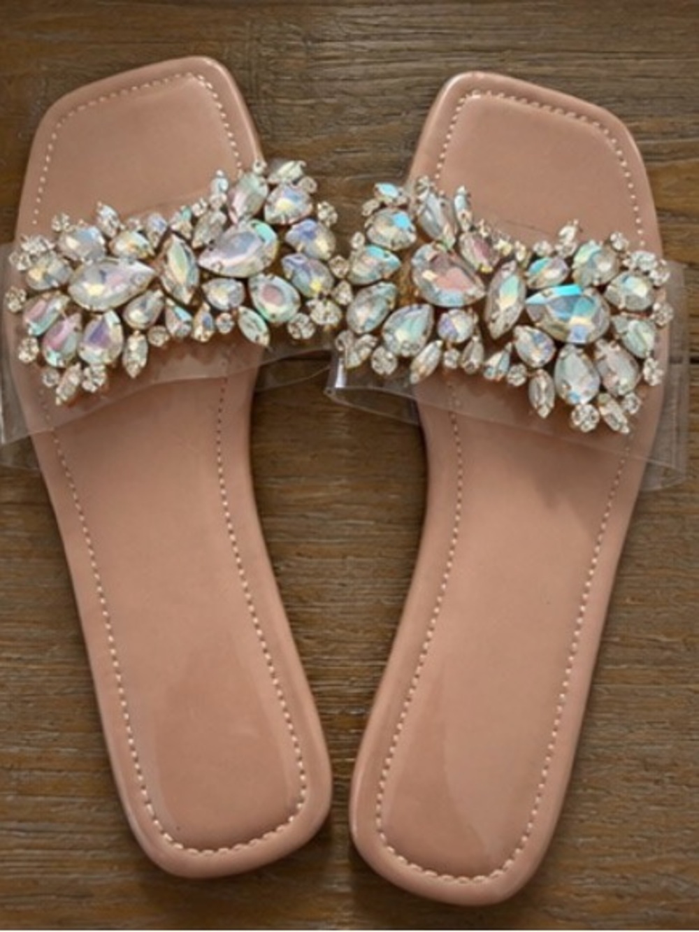 Rhinestone Embellished Nude Slide Sandals
